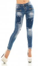 Slim Fit Röhren Jeans mit Patches-Applikationen in blue washed